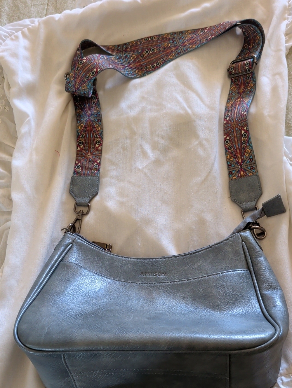 Artisan Metallic Blue Shoulder Bag with Patterned Adjustable Strap